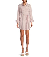 ELAN Woven Stripe Print Point Collar Long Sleeve Belted Button Front Shirt Dress