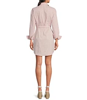 ELAN Woven Stripe Print Point Collar Long Sleeve Belted Button Front Shirt Dress