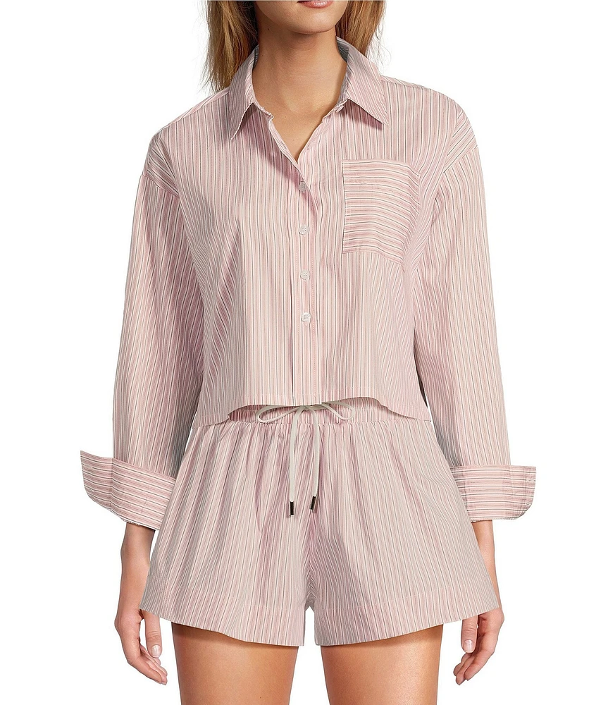 ELAN Woven Stripe Print Point Collar Long Sleeves Oversize Fit Button Front Boxy Shirt