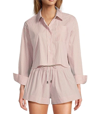 ELAN Woven Stripe Print Point Collar Long Sleeves Oversize Fit Button Front Boxy Shirt