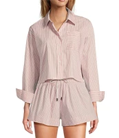 ELAN Woven Stripe Print Point Collar Long Sleeves Oversize Fit Button Front Boxy Shirt