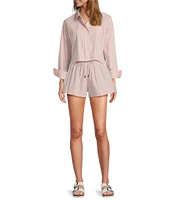 ELAN Woven Stripe Print Point Collar Long Sleeves Oversize Fit Button Front Boxy Shirt