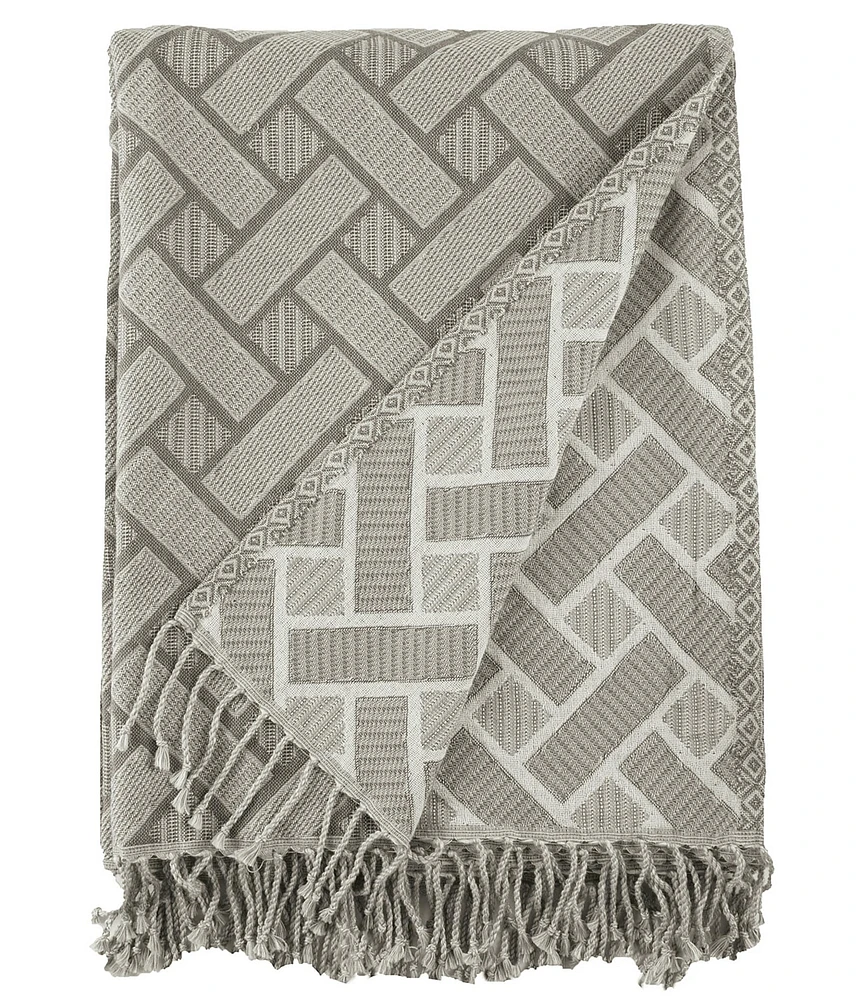 ELISABETH YORK Leighton Jacquard Weave Basketry Pattern Tassel Fringe Shale Throw Blanket