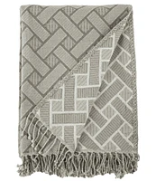 ELISABETH YORK Leighton Jacquard Weave Basketry Pattern Tassel Fringe Shale Throw Blanket