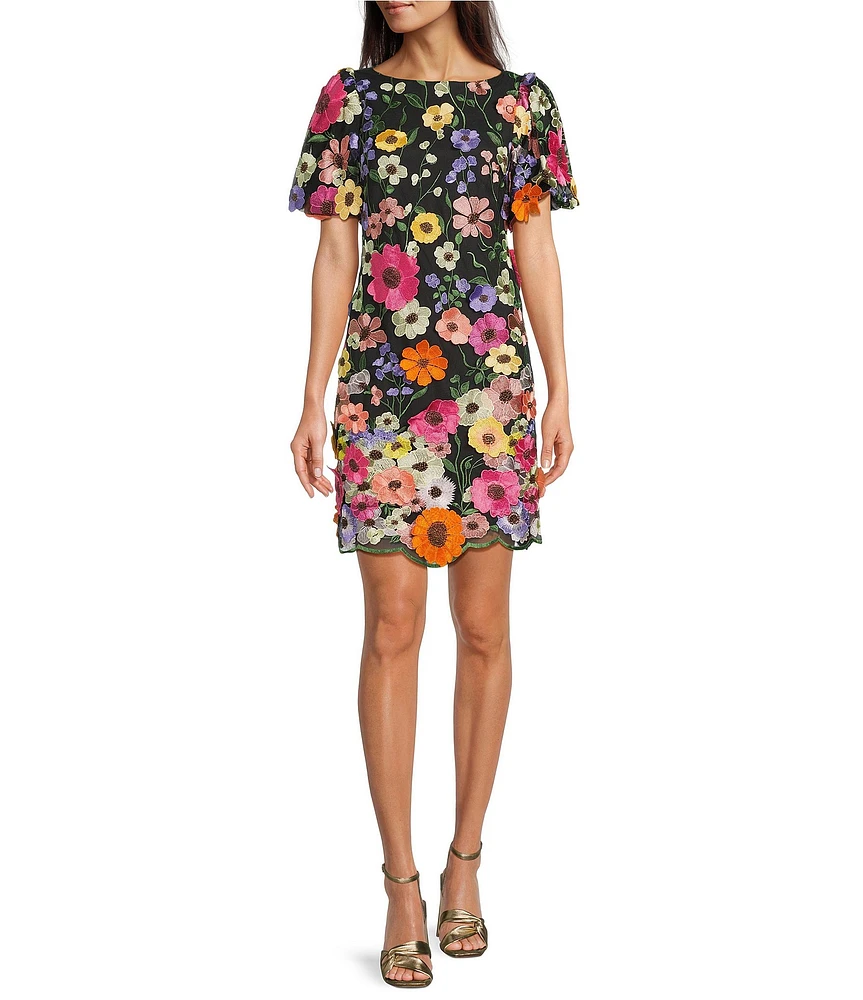 Eliza J 3D Embroidered Floral Mesh Boat Neck Short Sleeve Sheath Mini Dress