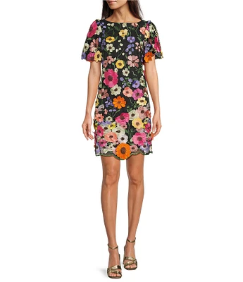 Eliza J 3D Embroidered Floral Mesh Boat Neck Short Sleeve Sheath Mini Dress