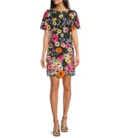 Eliza J 3D Embroidered Floral Mesh Boat Neck Short Sleeve Sheath Mini Dress