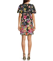 Eliza J 3D Embroidered Floral Mesh Boat Neck Short Sleeve Sheath Mini Dress