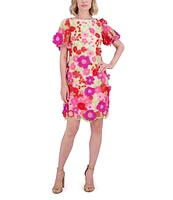 Eliza J 3D Embroidered Floral Mesh Boat Neck Short Sleeve Sheath Mini Dress