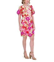 Eliza J 3D Embroidered Floral Mesh Boat Neck Short Sleeve Sheath Mini Dress