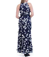 Eliza J 3D Floral Embroidered Mesh Fabrication Halter Neck Sleeveless Tie Front Gown