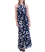 Eliza J 3D Floral Embroidered Mesh Fabrication Halter Neck Sleeveless Tie Front Gown