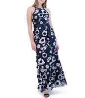 Eliza J 3D Floral Embroidered Mesh Fabrication Halter Neck Sleeveless Tie Front Gown