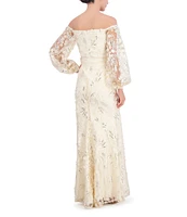 Eliza J 3D Floral Off The Shoulder Long Sleeve Tie Waist Gown