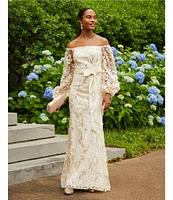 Eliza J 3D Floral Off The Shoulder Long Sleeve Tie Waist Gown