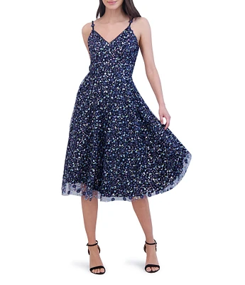 Eliza J 3D Floral V-Neck Sleeveless Midi Dress