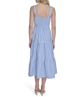 Eliza J Basketweave Cotton Stripe Print Square Neck Sleeveless A-Line Midi Dress