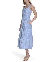Eliza J Basketweave Cotton Stripe Print Square Neck Sleeveless A-Line Midi Dress