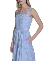 Eliza J Basketweave Cotton Stripe Print Square Neck Sleeveless A-Line Midi Dress