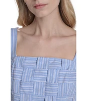 Eliza J Basketweave Cotton Stripe Print Square Neck Sleeveless A-Line Midi Dress