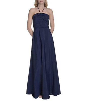 Eliza J Beaded Keyhole Halter Neckline Ruched Bodice Crepe De Chine Maxi Dress