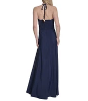 Eliza J Beaded Keyhole Halter Neckline Ruched Bodice Crepe De Chine Maxi Dress