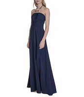 Eliza J Beaded Keyhole Halter Neckline Ruched Bodice Crepe De Chine Maxi Dress