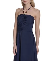 Eliza J Beaded Keyhole Halter Neckline Ruched Bodice Crepe De Chine Maxi Dress