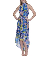 Eliza J Chiffon Floral Print Halter Neck Sleeveless Waist Tie Blouson Midi Dress