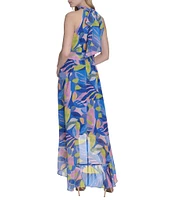 Eliza J Chiffon Floral Print Halter Neck Sleeveless Waist Tie Blouson Midi Dress