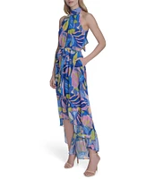 Eliza J Chiffon Floral Print Halter Neck Sleeveless Waist Tie Blouson Midi Dress