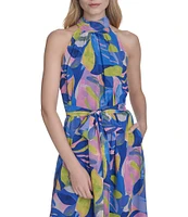 Eliza J Chiffon Floral Print Halter Neck Sleeveless Waist Tie Blouson Midi Dress