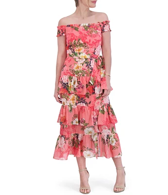 Eliza J Chiffon Floral Print Off The Shoulder Cap Sleeve Tiered Tie Waist Midi Dress