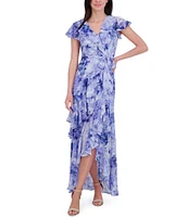 Eliza J Chiffon Floral Print V Neck Short Sleeve Ruffle Waist Tie A-Line Maxi Dress
