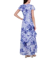 Eliza J Chiffon Floral Print V Neck Short Sleeve Ruffle Waist Tie A-Line Maxi Dress