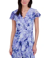 Eliza J Chiffon Floral Print V Neck Short Sleeve Ruffle Waist Tie A-Line Maxi Dress