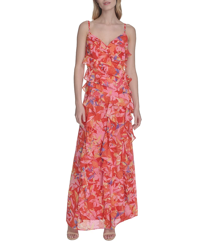 Eliza J Chiffon Floral Print V Neck Sleeveless Ruffle Sheath Maxi Dress