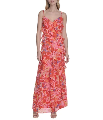 Eliza J Chiffon Floral Print V Neck Sleeveless Ruffle Sheath Maxi Dress