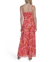 Eliza J Chiffon Floral Print V Neck Sleeveless Ruffle Sheath Maxi Dress