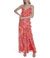 Eliza J Chiffon Floral Print V Neck Sleeveless Ruffle Sheath Maxi Dress