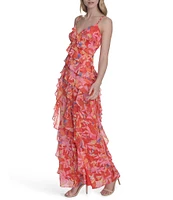 Eliza J Chiffon Floral Print V Neck Sleeveless Ruffle Sheath Maxi Dress