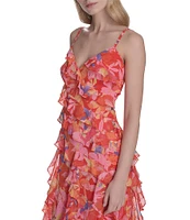 Eliza J Chiffon Floral Print V Neck Sleeveless Ruffle Sheath Maxi Dress