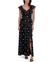 Eliza J Chiffon Polka Dot V Neck Short Sleeve Ruffle Sheath Maxi Dress