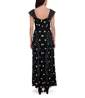 Eliza J Chiffon Polka Dot V Neck Short Sleeve Ruffle Sheath Maxi Dress