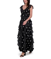 Eliza J Chiffon Polka Dot V Neck Short Sleeve Ruffle Sheath Maxi Dress