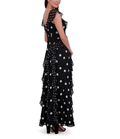Eliza J Chiffon Polka Dot V Neck Short Sleeve Ruffle Sheath Maxi Dress