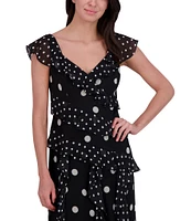 Eliza J Chiffon Polka Dot V Neck Short Sleeve Ruffle Sheath Maxi Dress