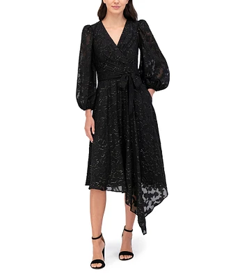 Eliza J Clip Chiffon V-Neck Long Balloon Sleeve Tie Waist Midi Dress