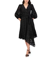 Eliza J Clip Chiffon V-Neck Long Balloon Sleeve Tie Waist Midi Dress