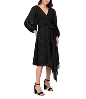 Eliza J Clip Chiffon V-Neck Long Balloon Sleeve Tie Waist Midi Dress